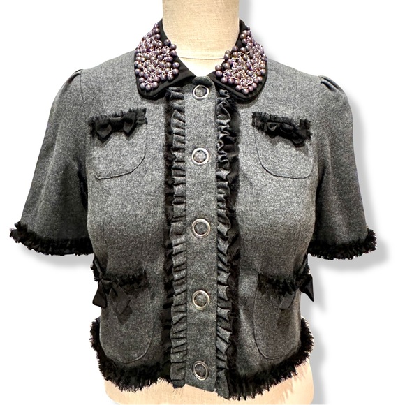 ANTHROPOLOGIE Twelve by Twelve Gray Pearl Embellished Jacket w Bows | NWT Small - Picture 3 of 9